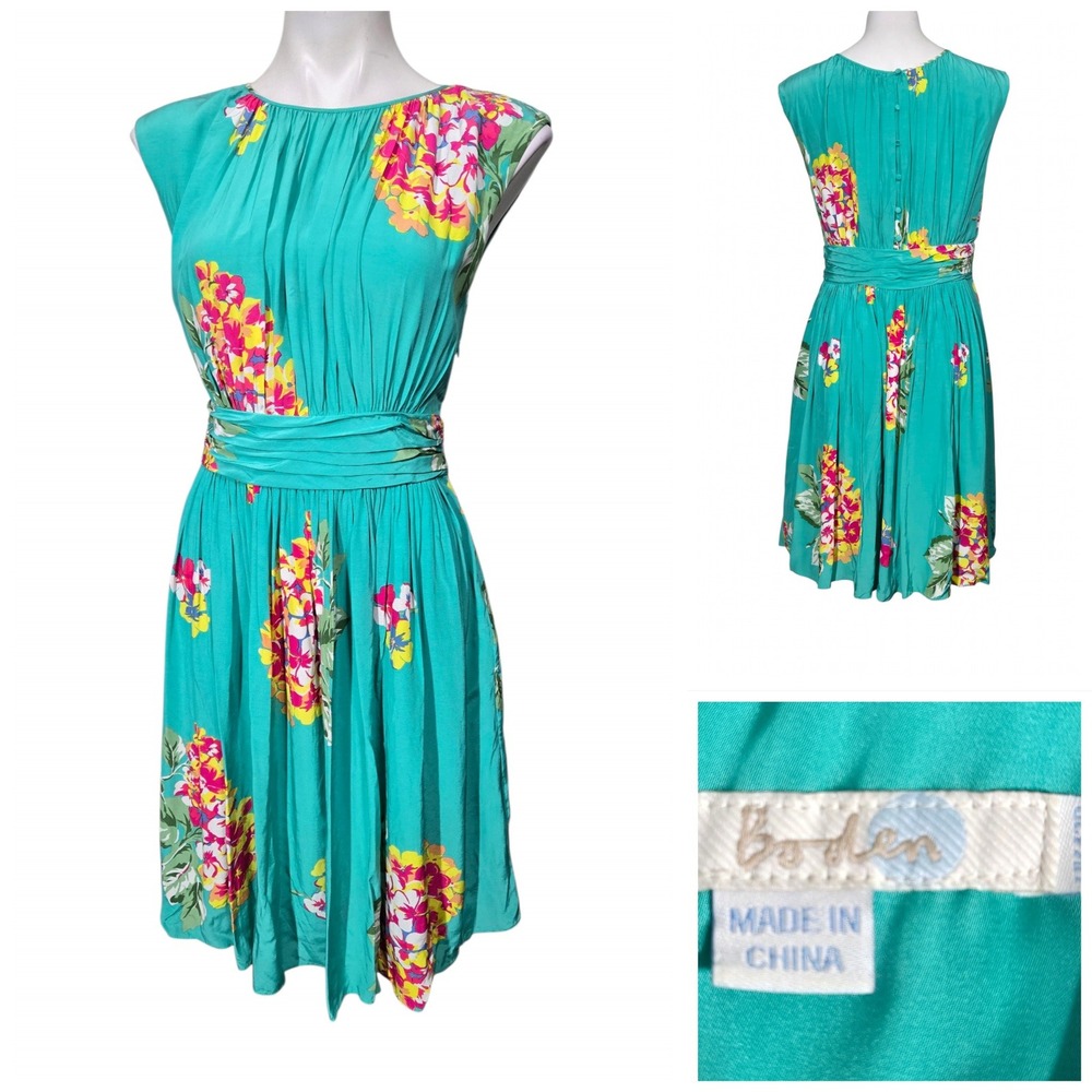 Boden Teal Green Tropical Floral Pleated Fit & Flare Dress WH633 US 8R